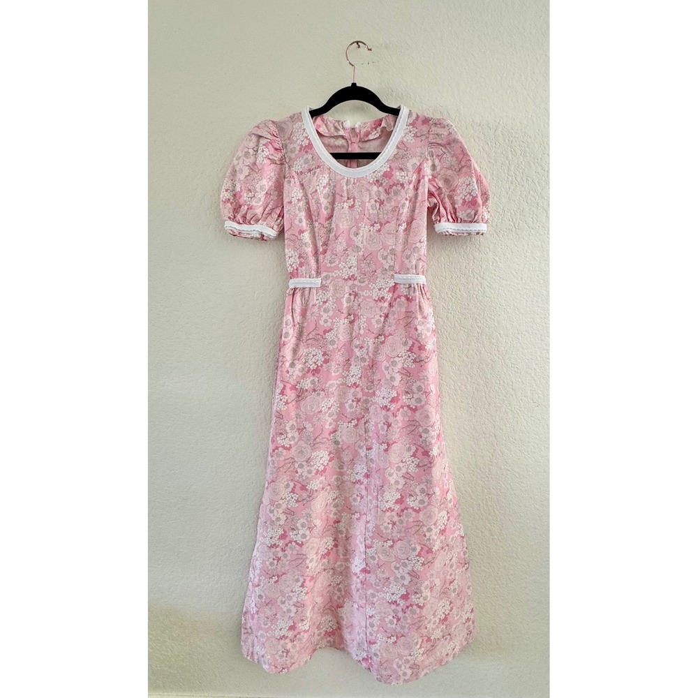 Vintage Handmade Maxi Dress Cotton Floral Pink White Prairie Small